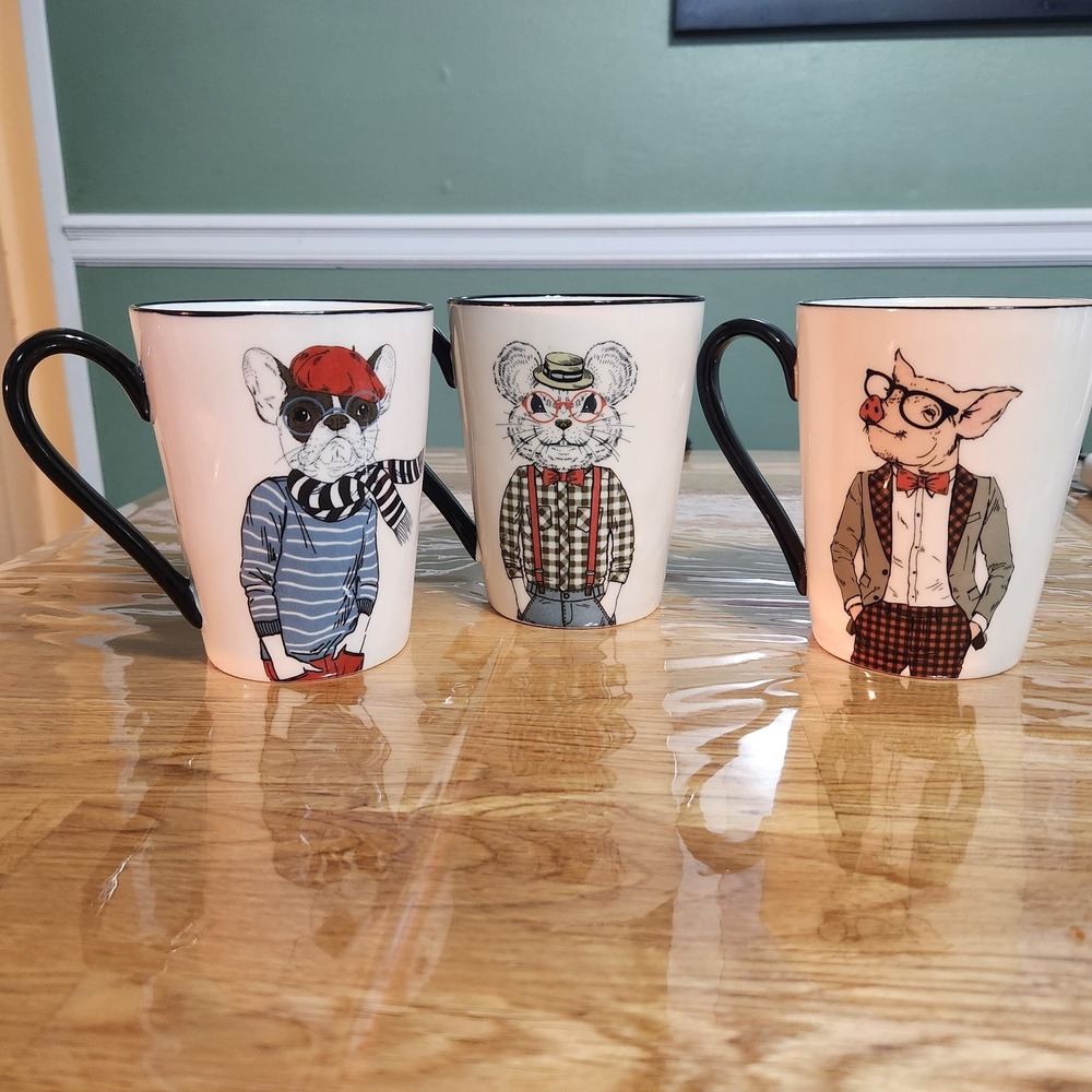 Hipster Pig, Mouse, and French Bulldog Stoneware CUP Mugs By Signature Houseware